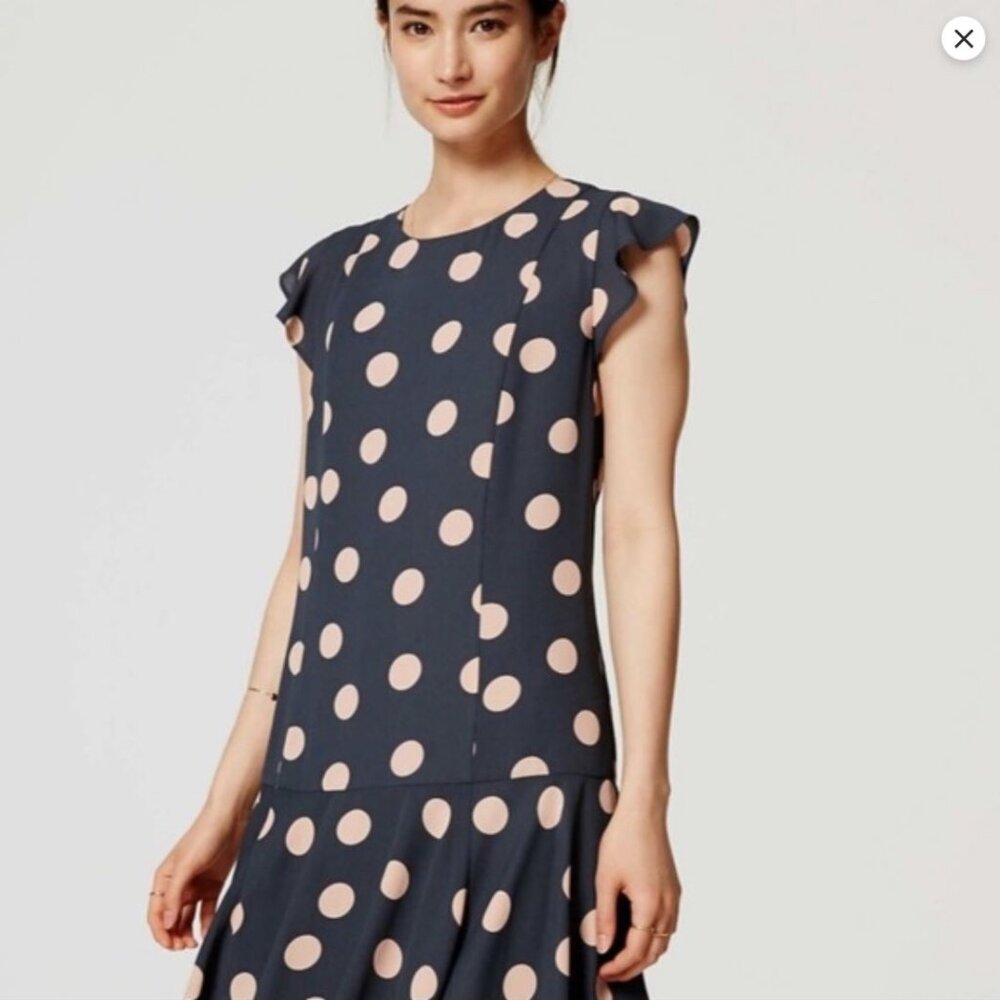Loft Navy Blue & Pink Polka dot Dress - L